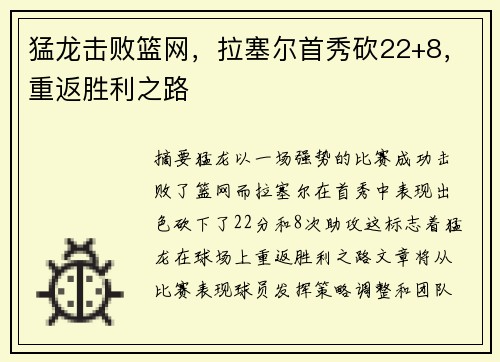 猛龙击败篮网，拉塞尔首秀砍22+8，重返胜利之路
